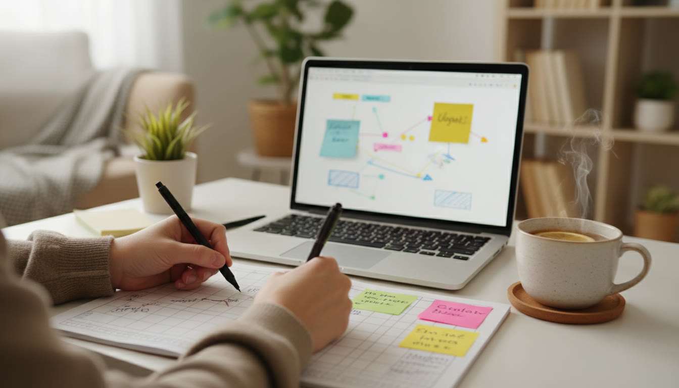 Photo Idea : A close-up of a student’s hands writing on a study plan with sticky notes, a laptop open to IB subject outlines, and a cup of tea nearby