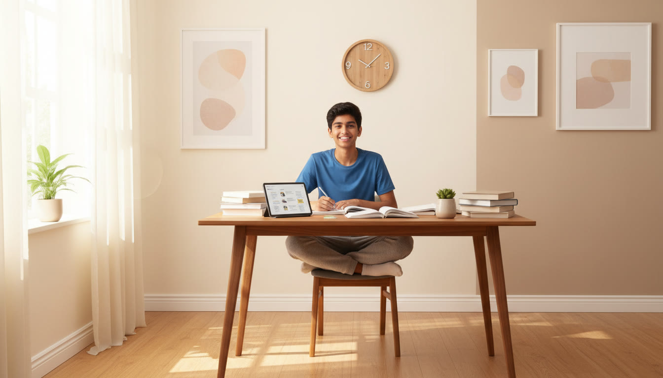 Photo Idea : A focused student at a tidy desk surrounded by NEET study materials and a wall clock showing time
