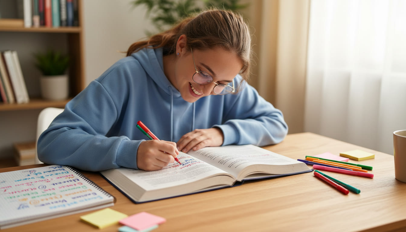 Photo Idea : Student at a desk annotating a Spanish text with colored pens and a notebook
