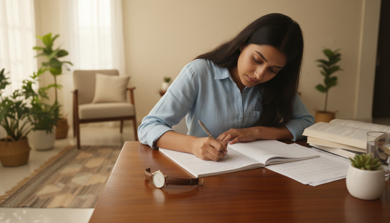 Photo Idea : A student writing in an answer booklet under time pressure with a watch visible on the desk