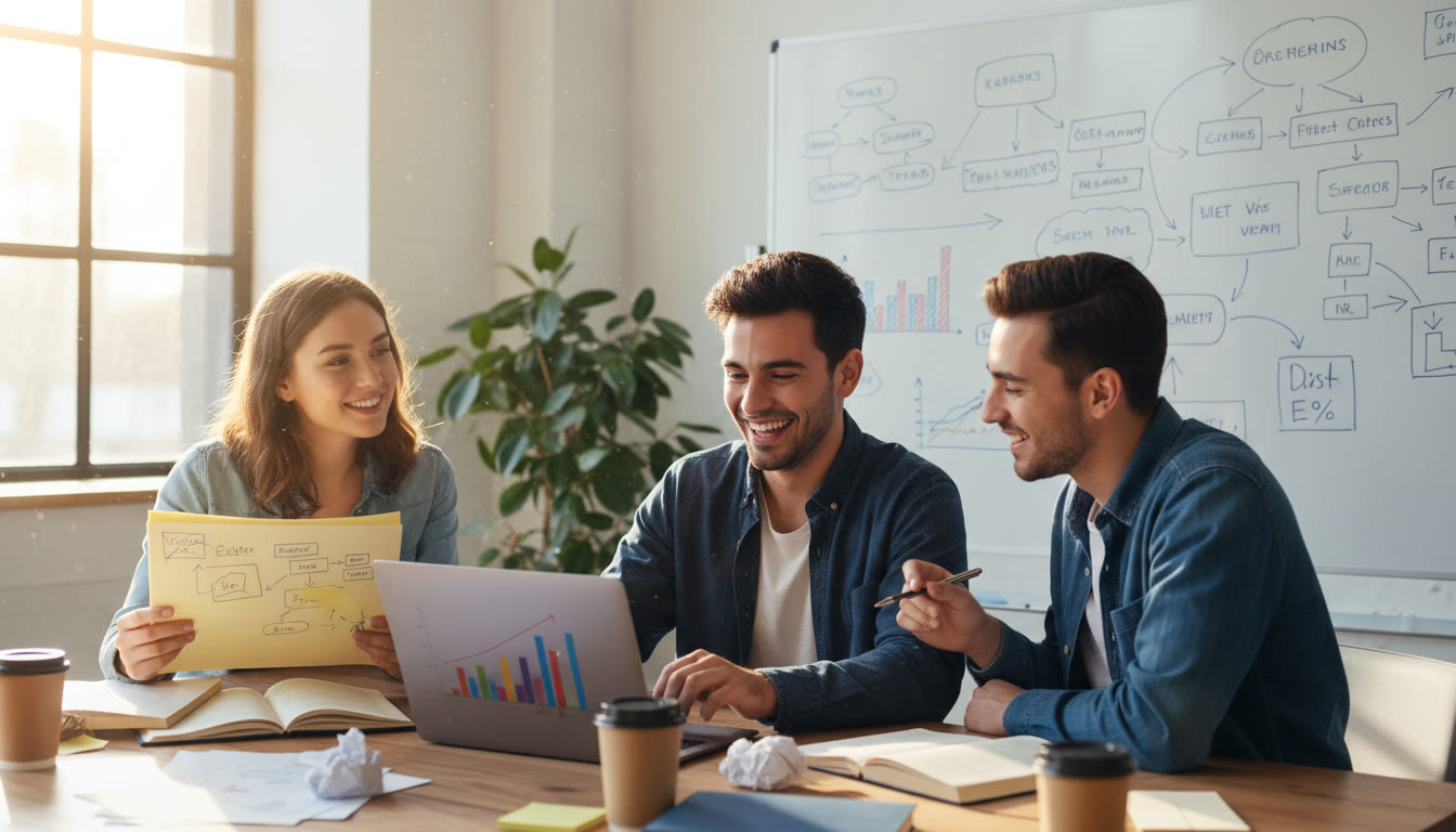 Photo Idea : An IB student discussing a group business case around a laptop with charts and sticky notes