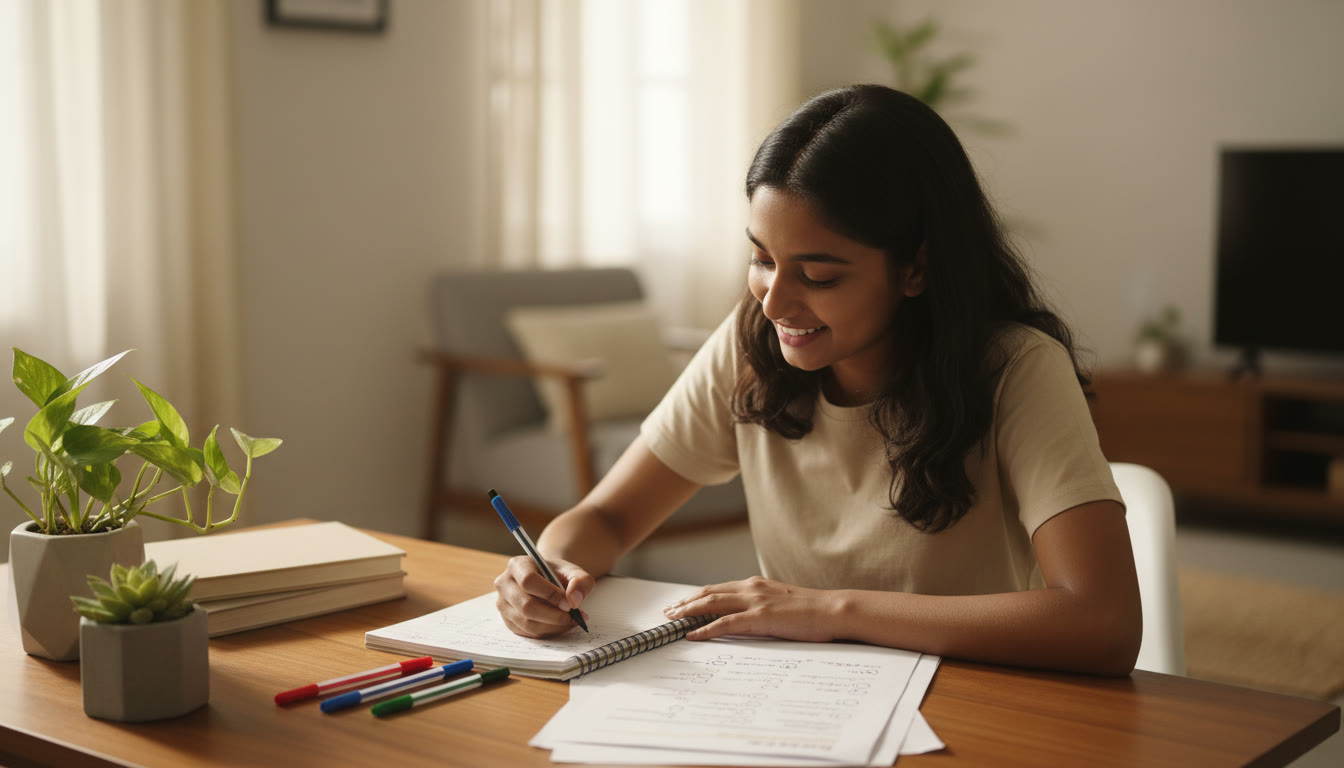 Photo Idea : A student annotating an error log notebook with colored pens next to a solved mock paper