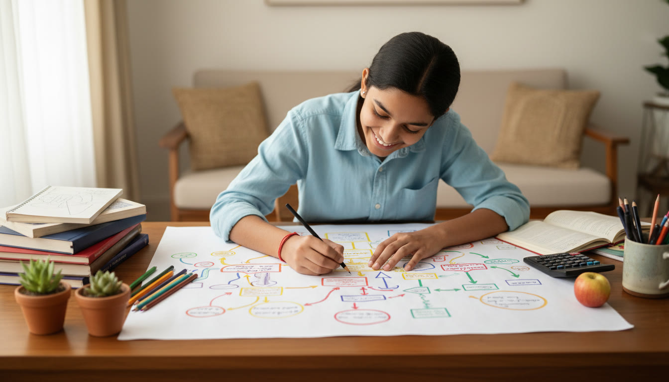 Photo Idea : A student sketching a colorful concept map across a desk strewn with notebooks and pencils