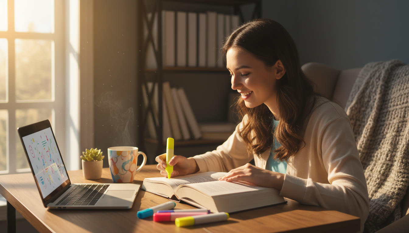Photo Idea : Student in a sunny study nook annotating an unseen text with highlighters and a laptop open to notes
