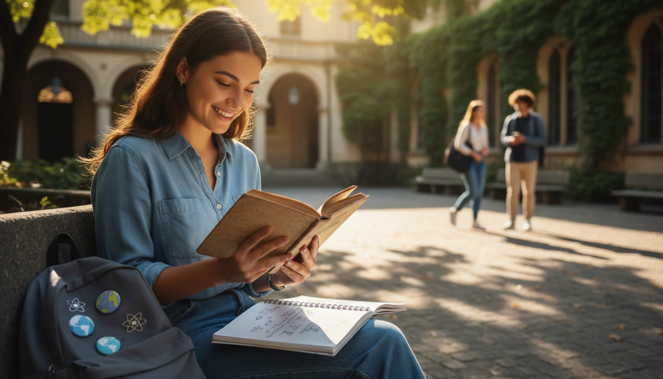 Photo Idea : Student reading a battered novel at a sunny school courtyard, notebook open with annotations