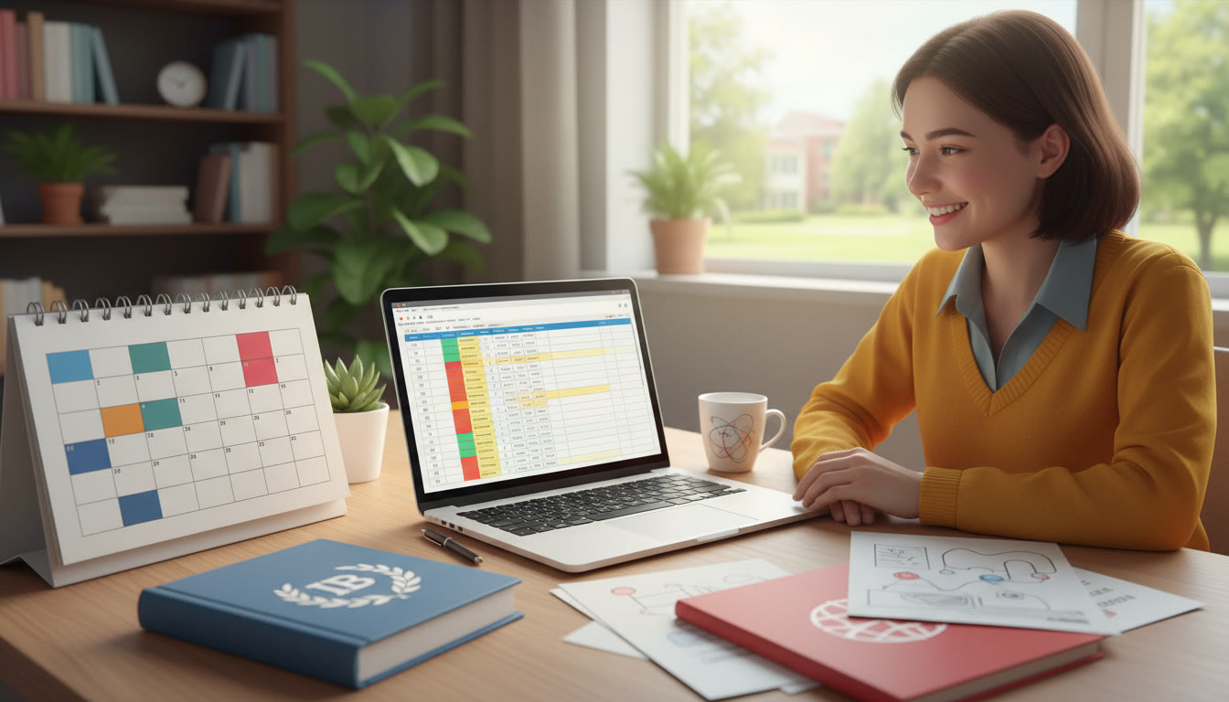 Photo Idea : Student filling out a neat offer-management spreadsheet with calendar and IB materials around