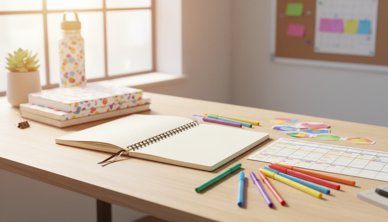 Photo Idea : A bright study desk with an open notebook, colored pens, and a printed IB timetable.