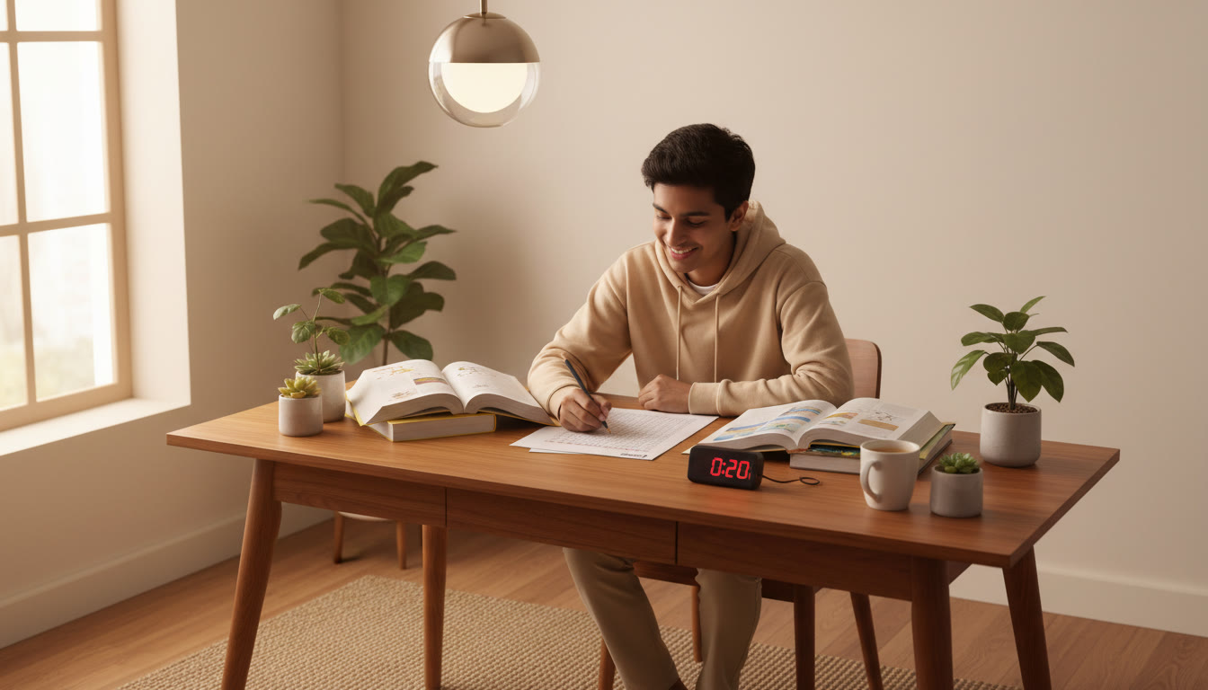 Photo Idea : A focused student at a study desk with NEET books, a mock OMR sheet, and a timer