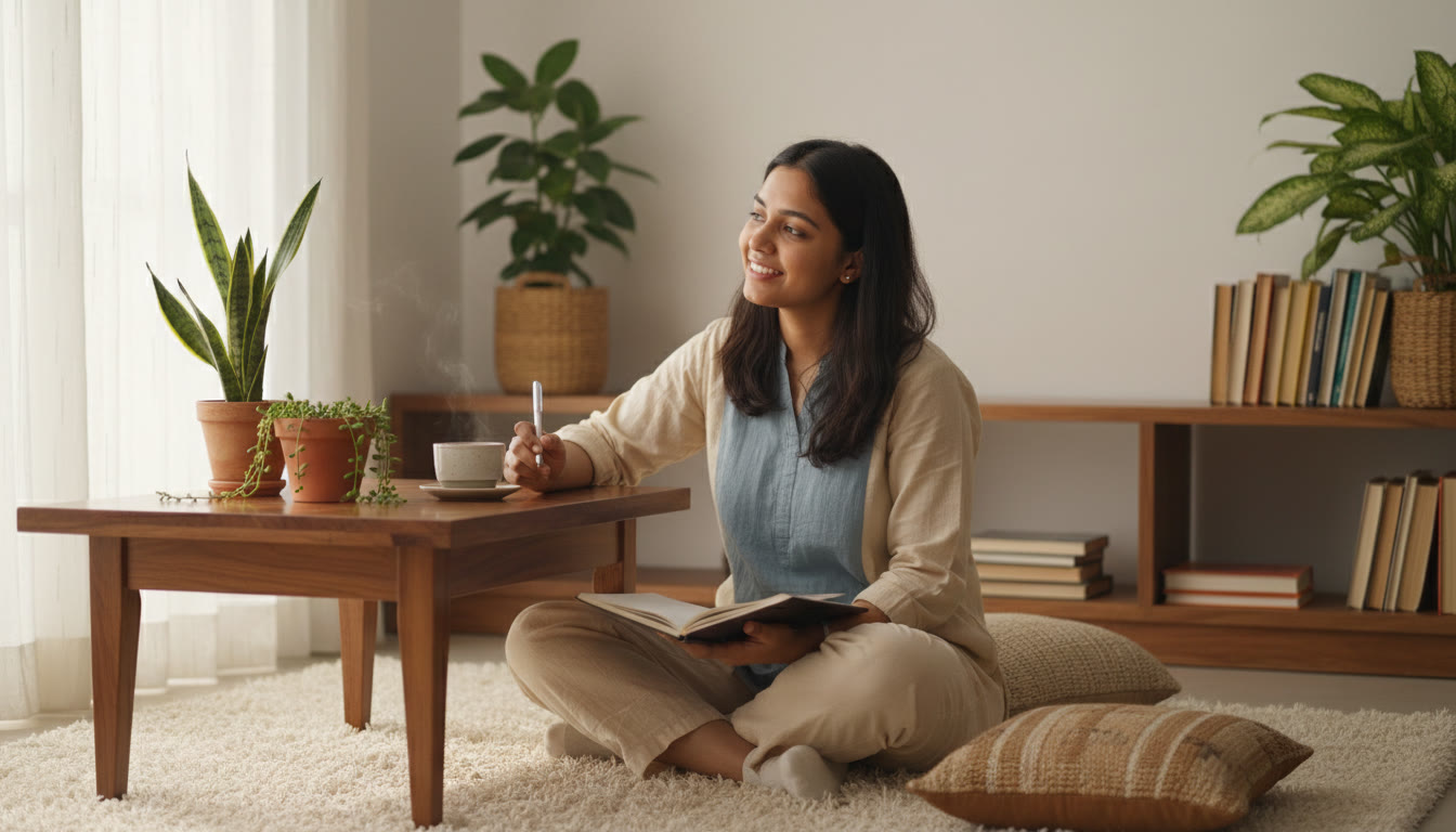 Photo Idea : A student journaling beside a small plant with a cup of tea, a visual of calm reflection