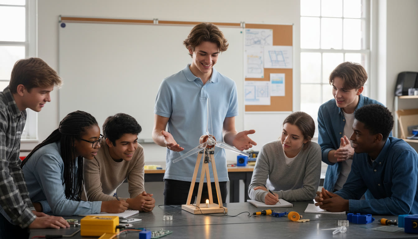 Photo Idea : A student presenting a small wind-turbine prototype to a group of peers in a workshop