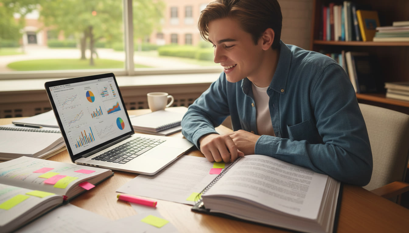 Photo Idea : A student at a desk surrounded by highlighted notes, a laptop, and a printed Extended Essay draft