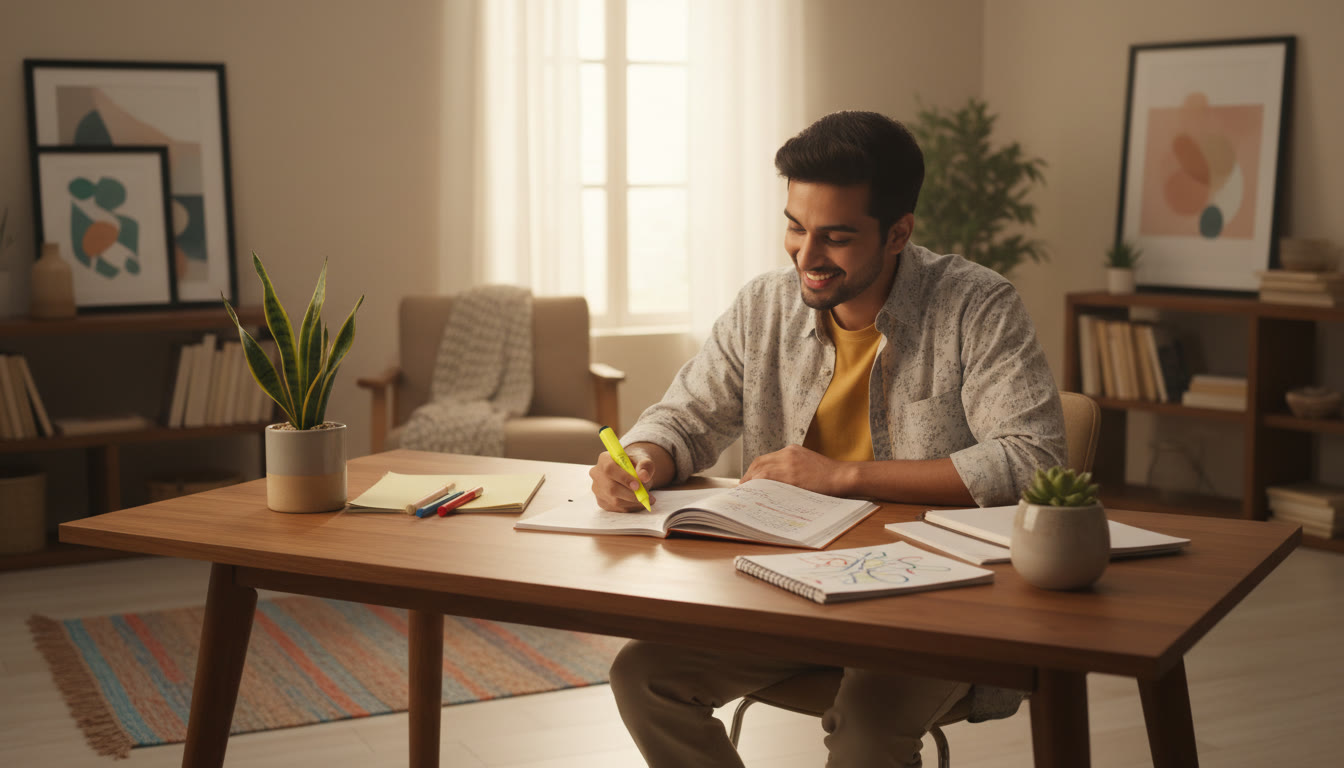 Photo Idea : A student reviewing mock answers at a desk with a notepad and highlighter