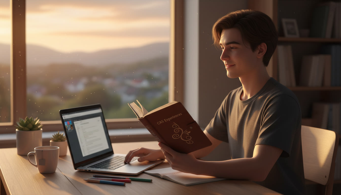 Photo Idea : Student reflecting at a desk with CAS journal and laptop, warm lighting