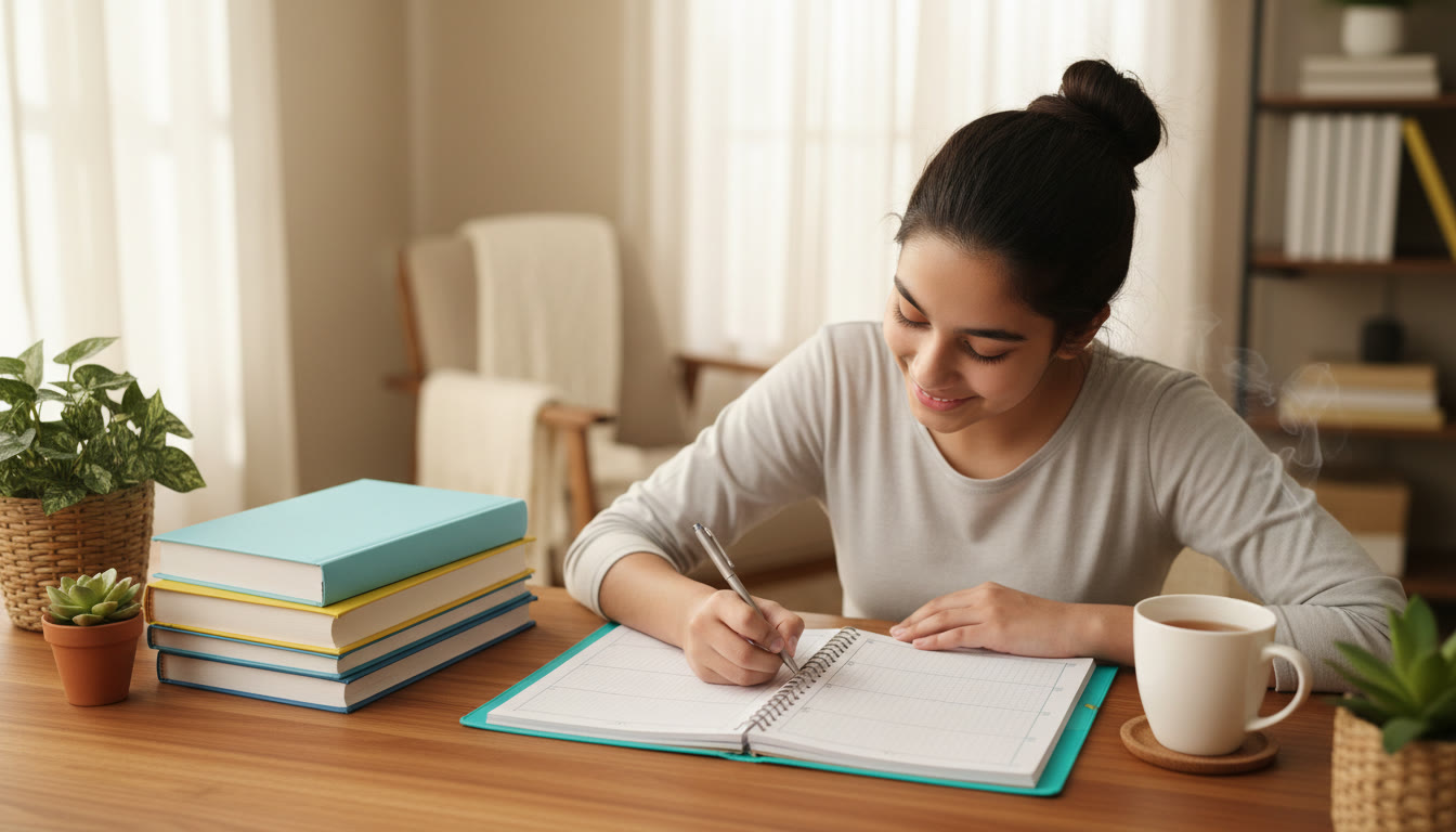 Photo Idea : A focused student writing in a study planner on a desk with ISC books and a cup of tea