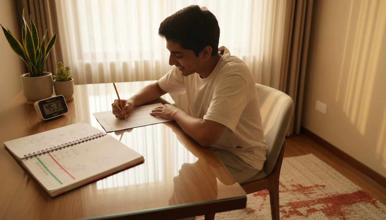 Photo Idea : A student filling an OMR-style sheet with a stopwatch and a marked error log notebook beside them