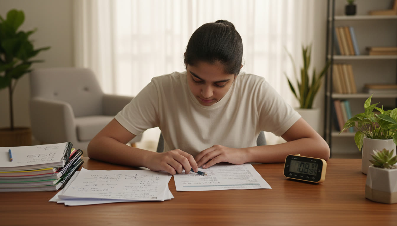 Photo Idea : A focused student at a desk with an open question paper, a running stopwatch and neatly stacked notes.