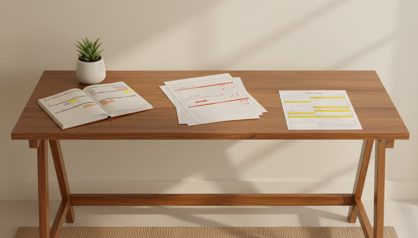Photo Idea : A tidy study desk with a marked-up mock paper, a planner, and a highlighted syllabus sheet