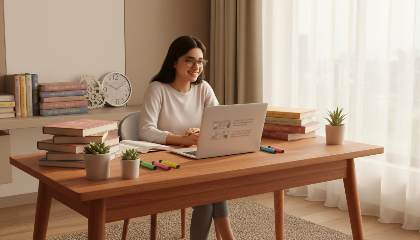Photo Idea : a student at a desk surrounded by neatly stacked textbooks, a clock, highlighters and a laptop displaying notes
