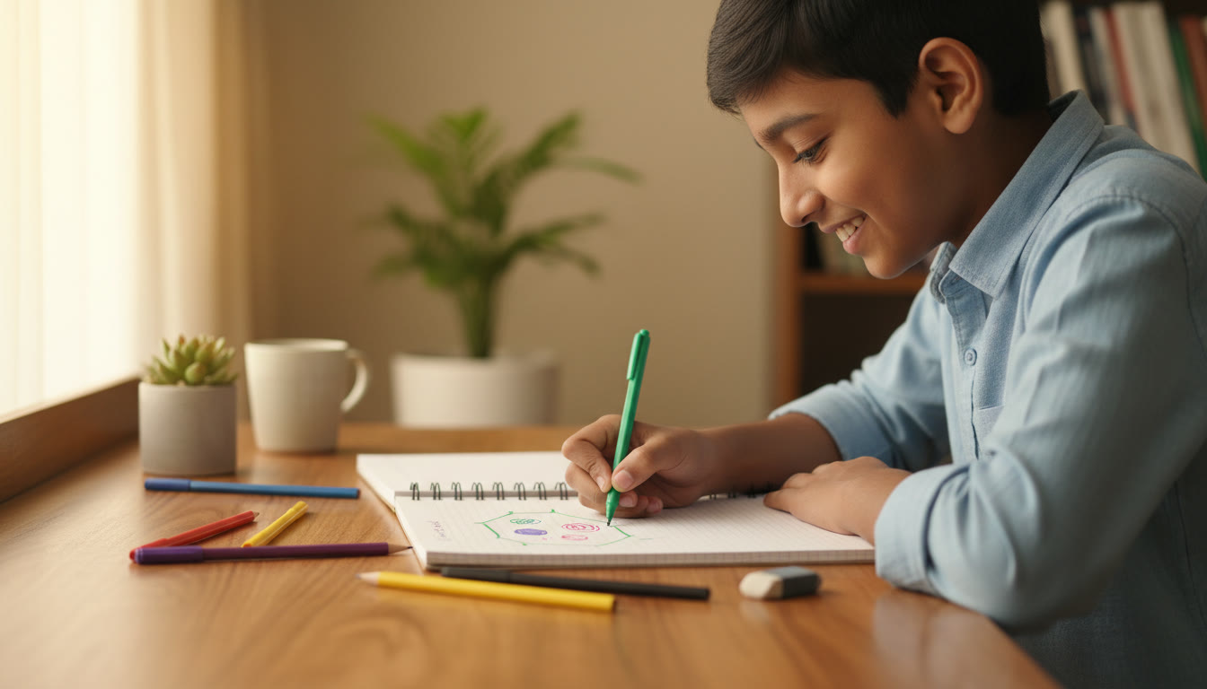 Photo Idea : Close-up of a student drawing and labelling a diagram in a notebook with coloured pens