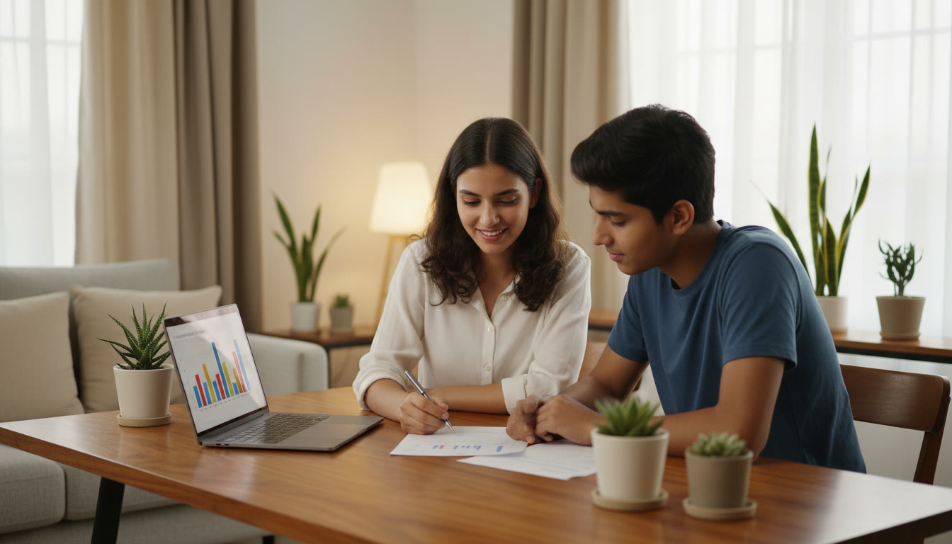 Photo Idea : A tutor and student at a table going over a test paper with a laptop showing analytics
