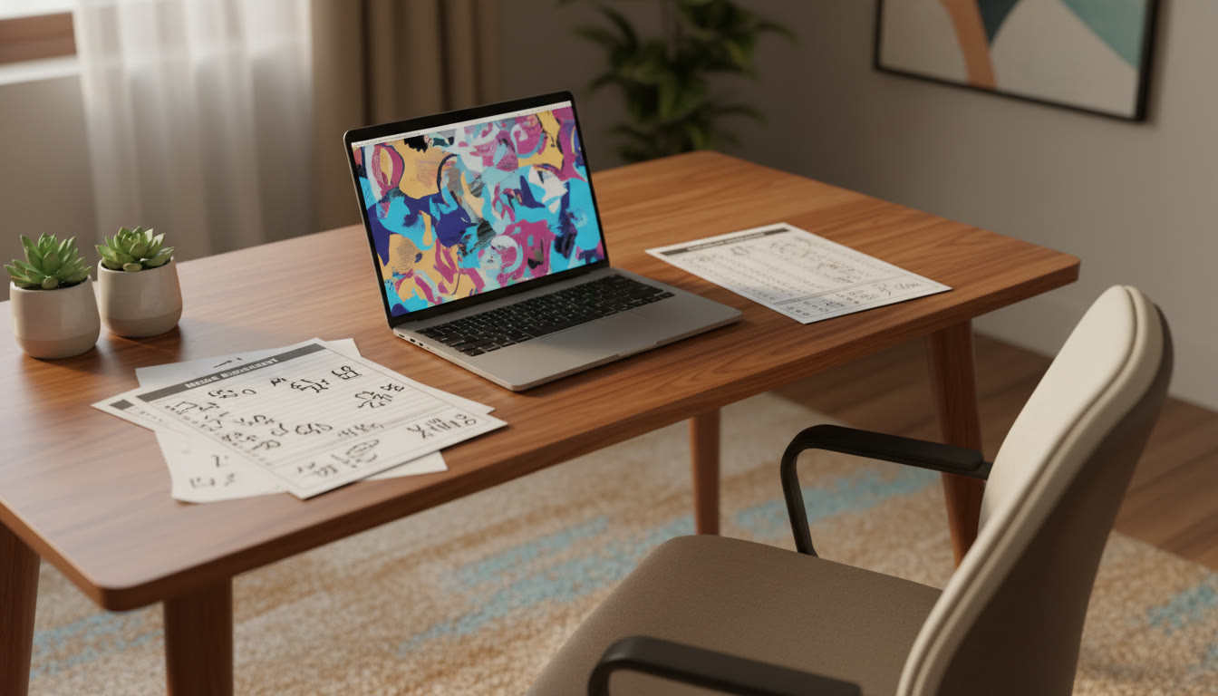 Photo Idea : A study desk showing a printed mock scorecard, annotated notes, and an OMR sheet beside a laptop.