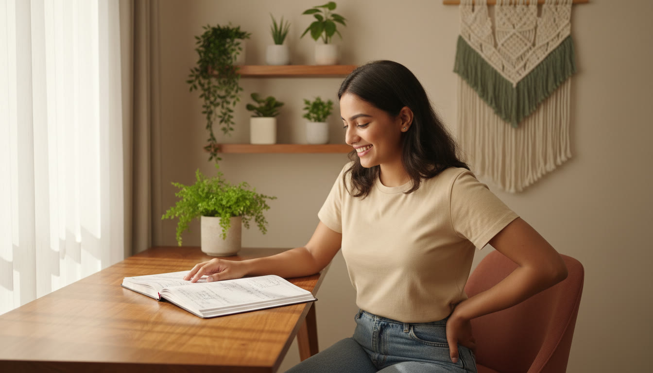 Photo Idea : A calm student reviewing a completed practical notebook with a confidence-boosting posture.