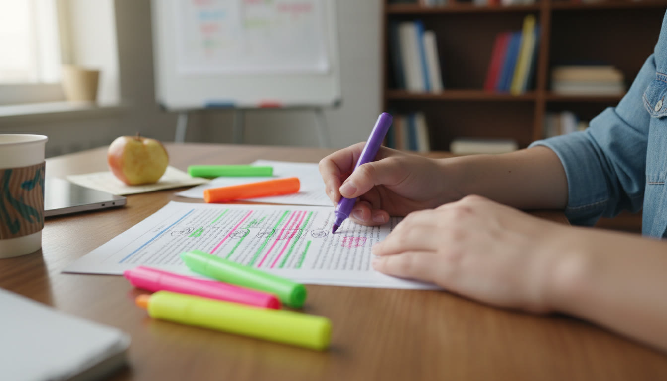 Photo Idea : Close-up of a student editing a printed draft, with coloured highlighters marking topic sentences