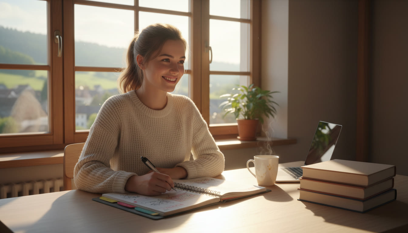 Photo Idea : Student at a windowed desk, planner open, soft morning light, textbooks stacked neatly