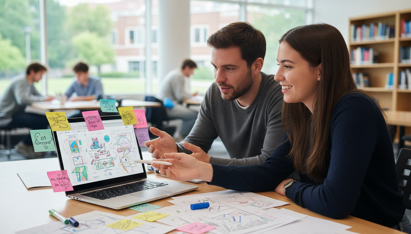 Photo Idea : student and supervisor leaning over a laptop with annotated drafts and sticky notes