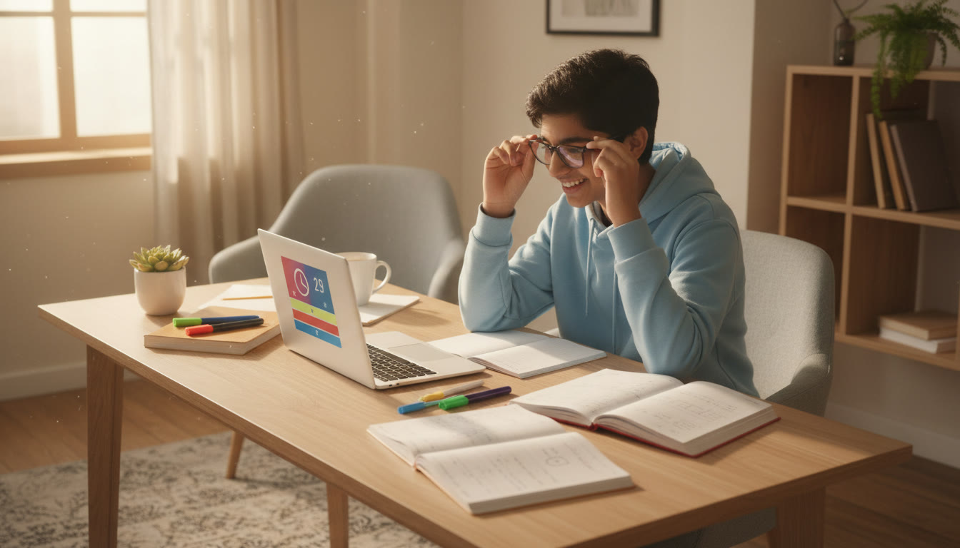 Photo Idea : A focused student at a desk with open notebooks and a laptop showing a paused mock test timer