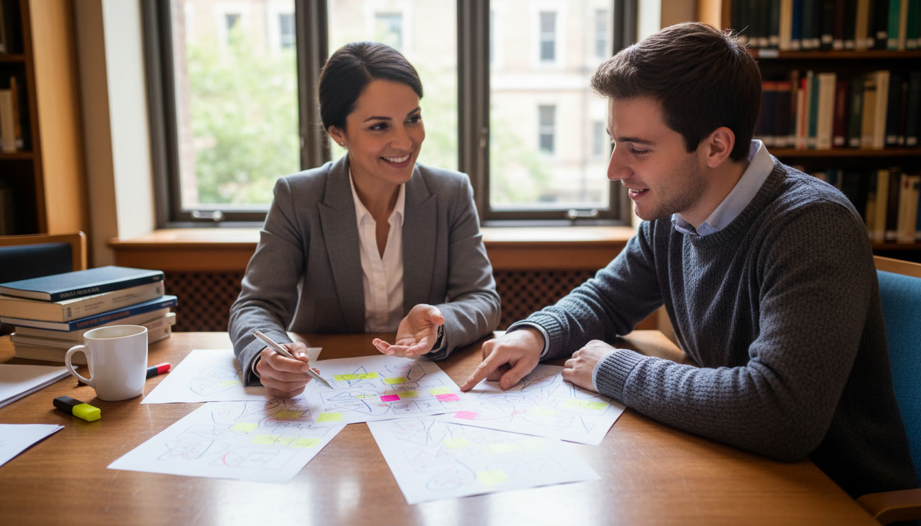 Photo Idea : A supervisor and student discussing a draft with annotated pages and highlighted comments