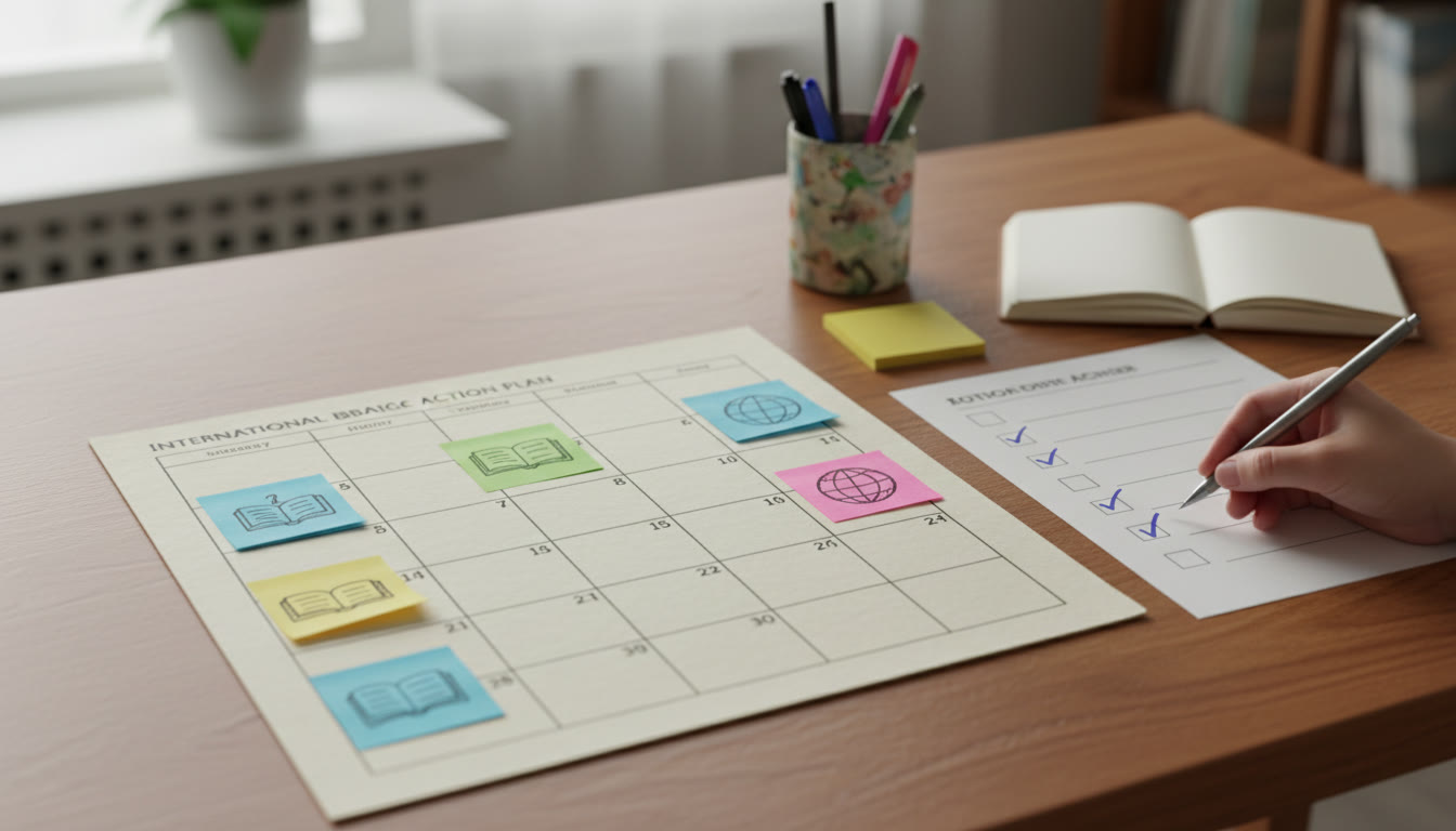 Photo Idea : Close-up of a polished action plan on a desk: calendar, colored sticky notes, and a checklist being ticked off