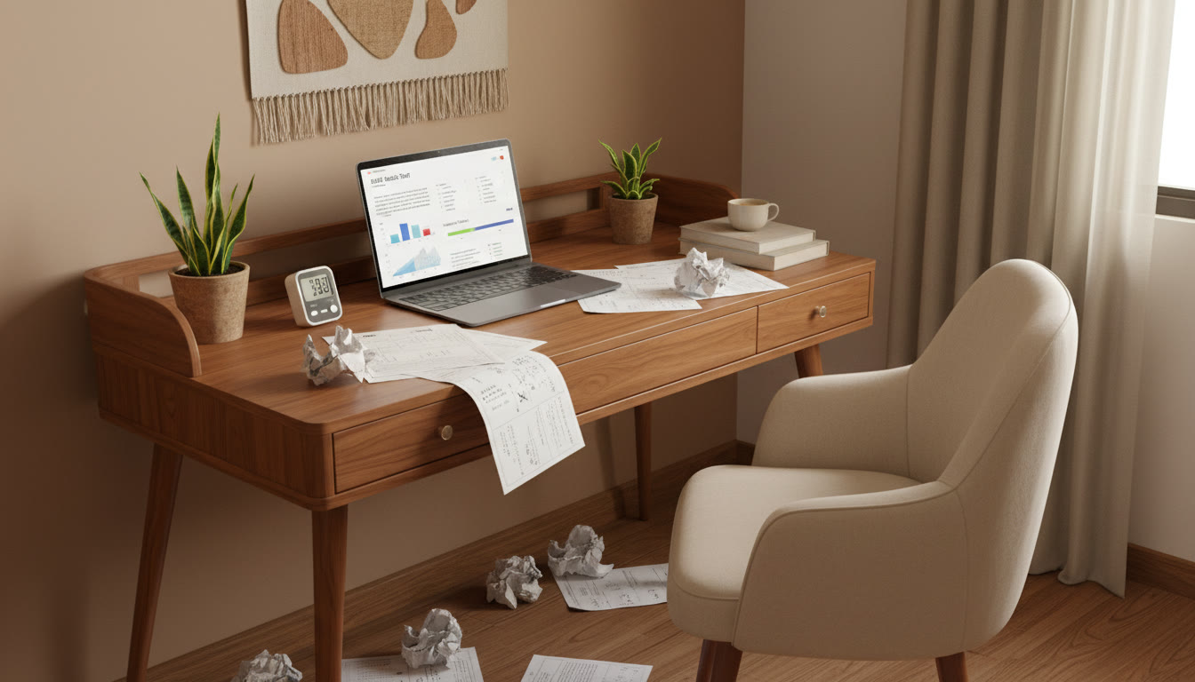 Photo Idea : student desk with scattered past papers, a timer, and a laptop showing a mock test