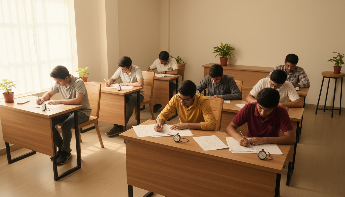 Photo Idea : A small hall where students are taking a timed mock test; stopwatches and OMR-like sheets visible