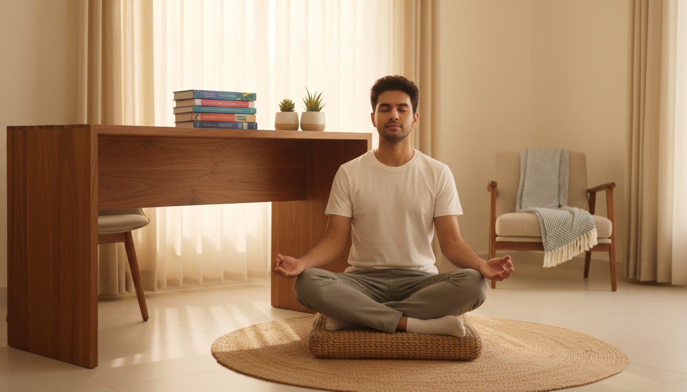 Photo Idea : A calm student meditating at a desk with NEET books beside them