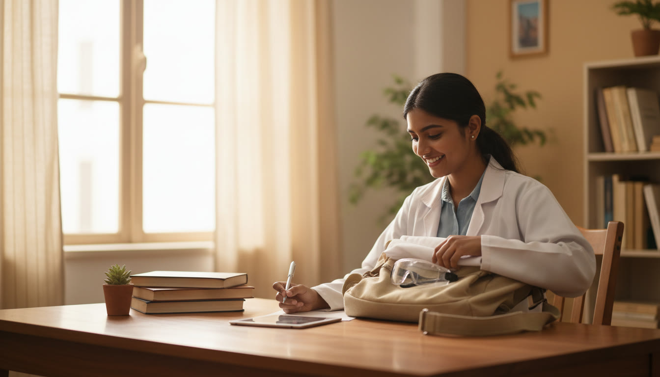 Photo Idea : Student checking a practical exam checklist and packing a lab coat into a bag.