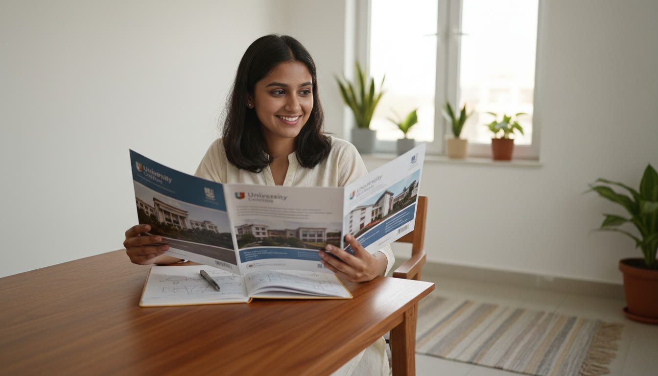 Photo Idea : A thoughtful student holding two campus brochures, comparing them with a notebook and pen on a table.