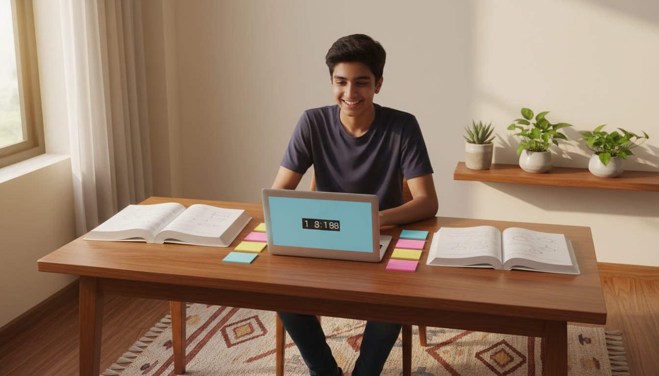 Photo Idea : A focused student at a tidy desk with open Physics, Chemistry, and Mathematics books, a laptop showing a mock-test timer, and colorful sticky notes.