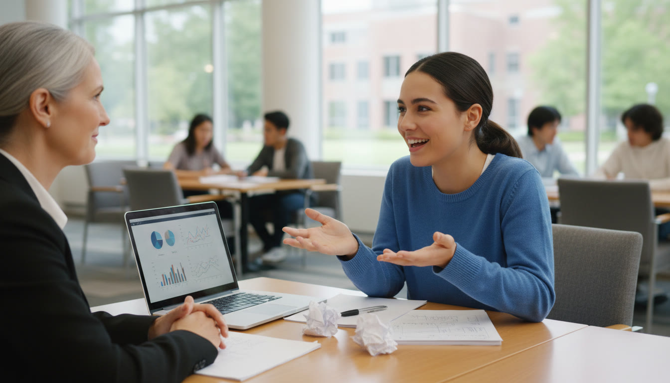 Photo Idea : A focused student sitting across from an interviewer, mid-answer, natural lighting, paper notes beside a laptop