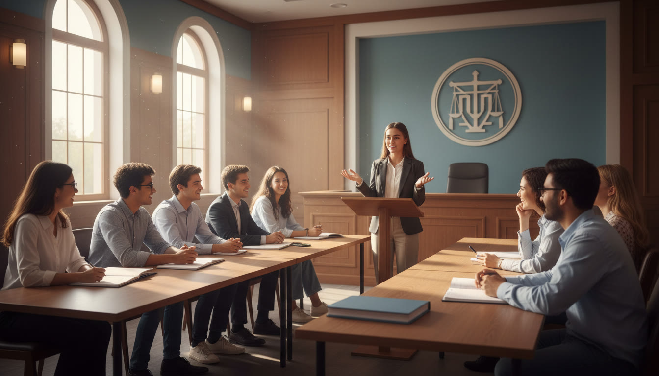 Photo Idea : Students in a mock courtroom, one speaking at the podium while peers observe and take notes