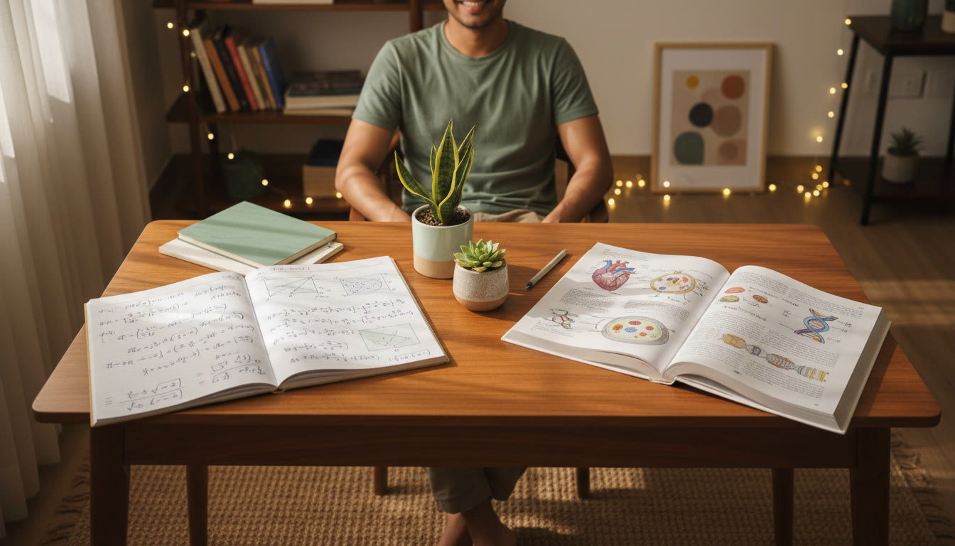 Photo Idea : Student at a desk with notebooks, equations on one side and biology diagrams on the other, mid-study.