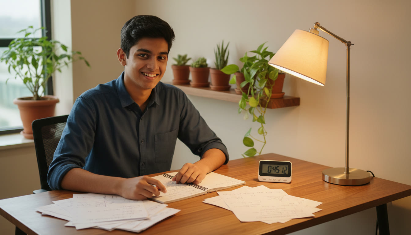 Photo Idea : A focused student at a desk with an open notebook, a timer, and scattered solved papers under a warm study lamp