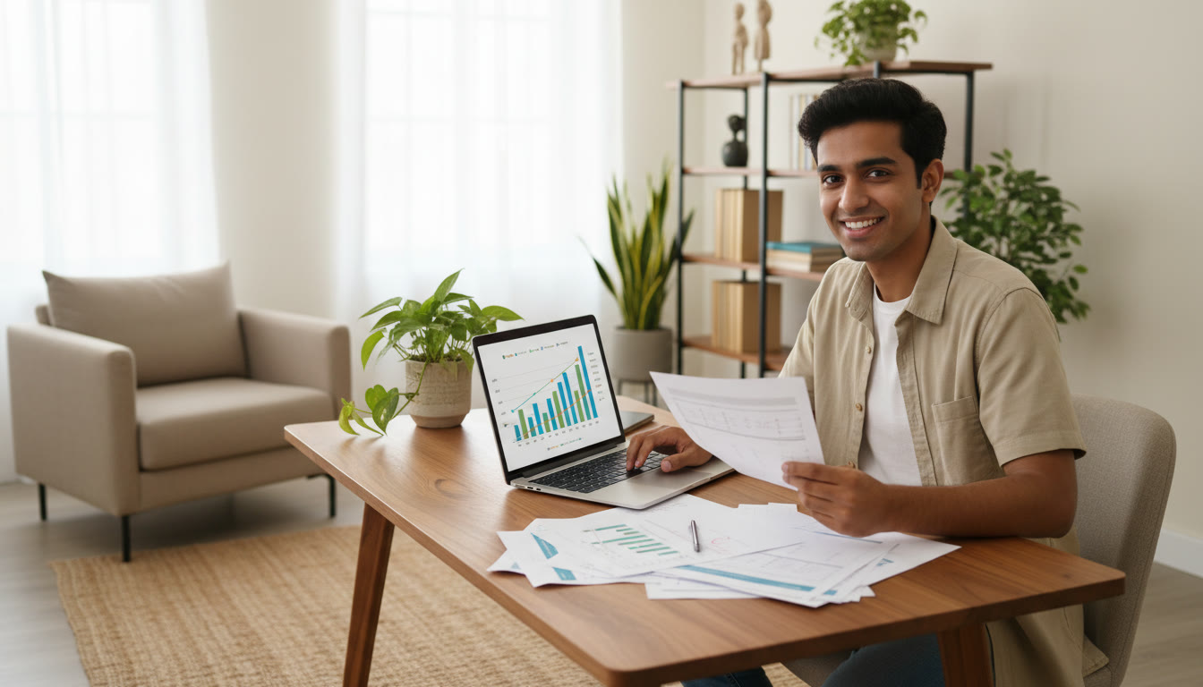 Photo Idea : A student analyzing mock test sheets with a laptop showing a performance chart