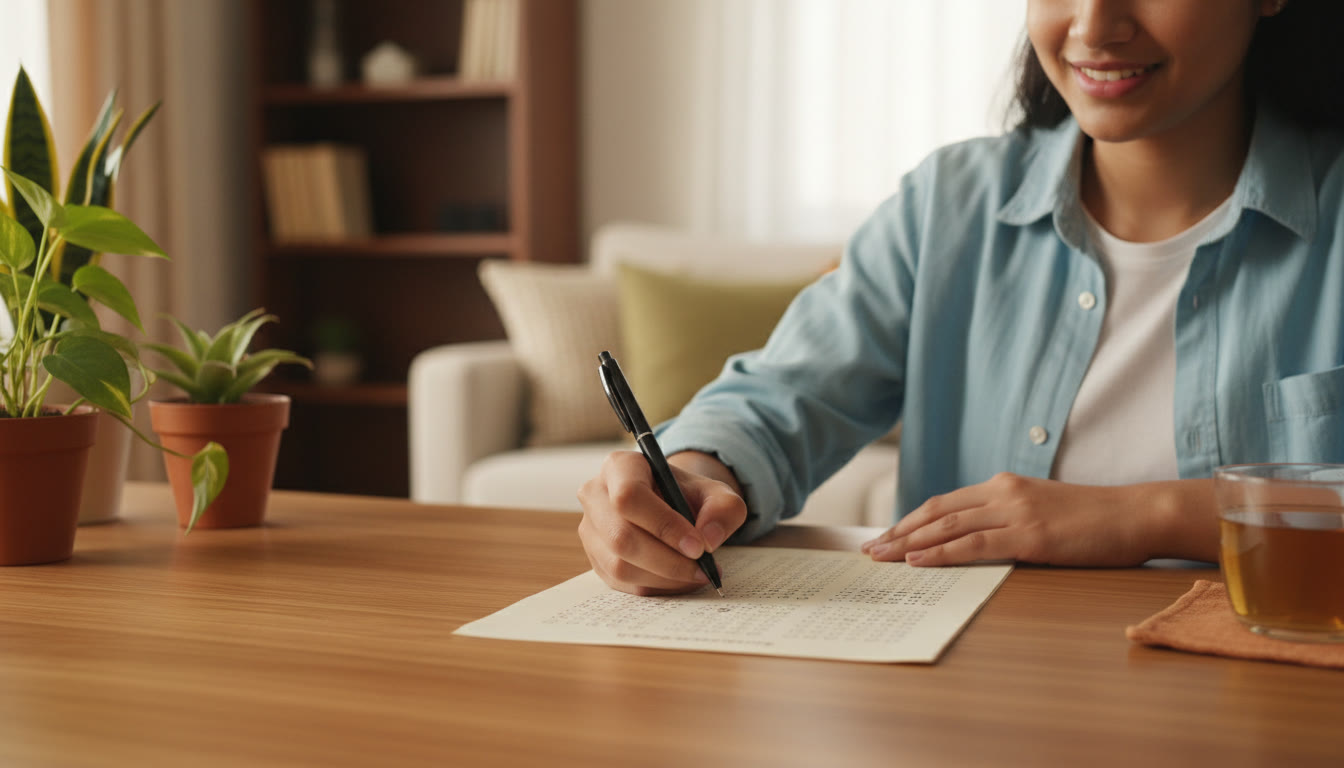 Photo Idea : Close-up of a student carefully filling bubbles on an answer sheet with a confident, steady hand