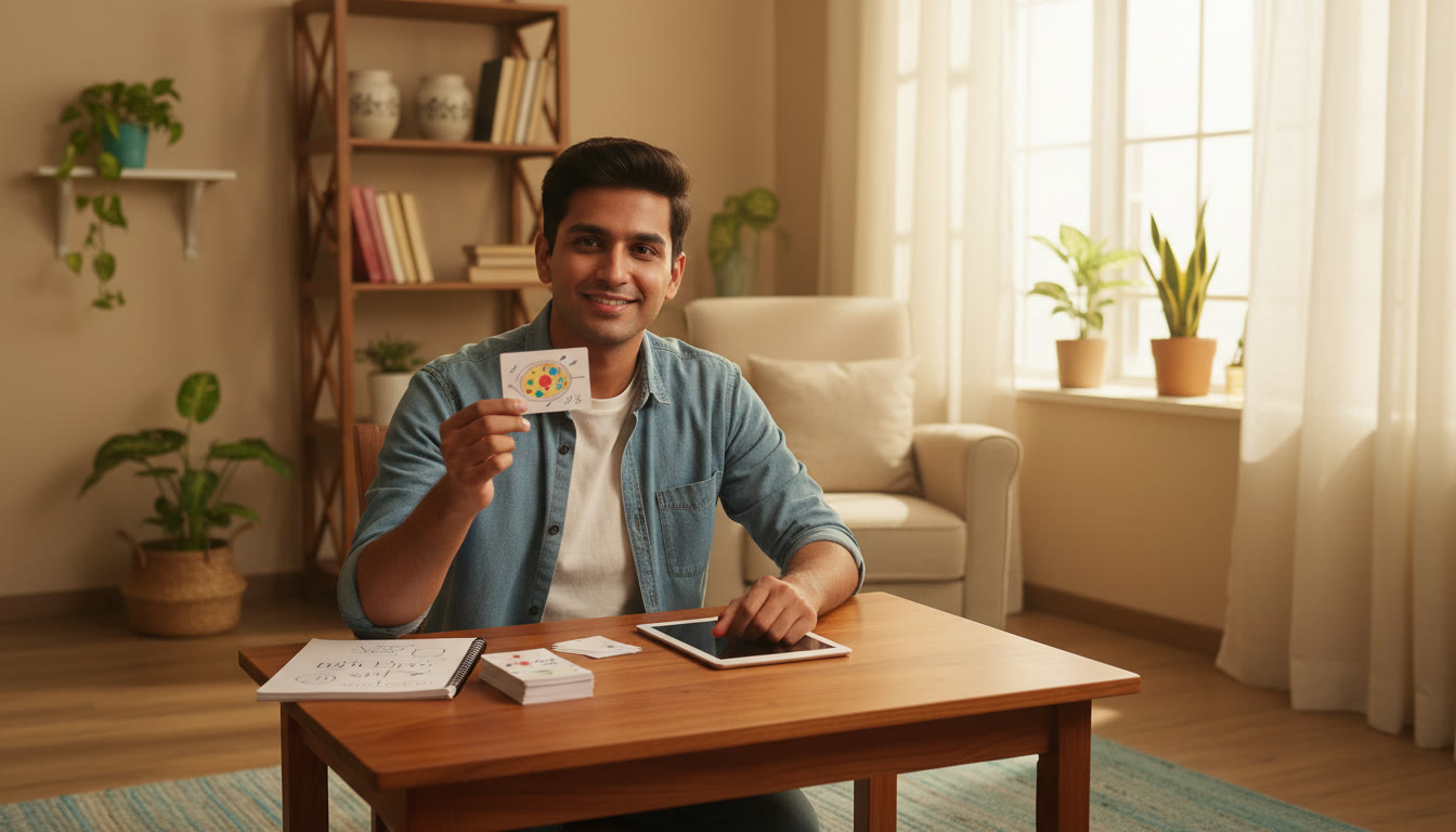 Photo Idea : A student reviewing flashcards and a small error log book on a study table.