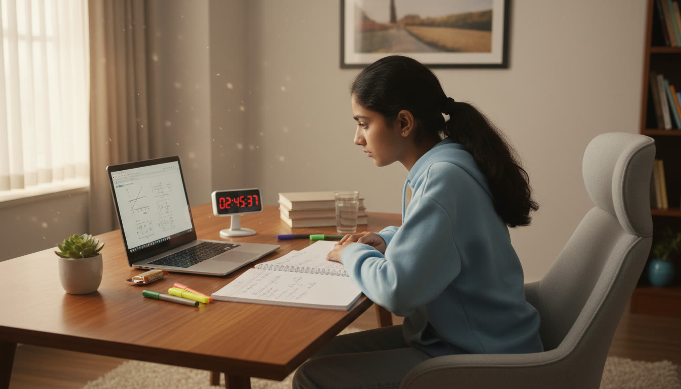 Photo Idea : A focused student at a desk doing a timed 3-hour mock on a laptop with a stopwatch and neat notes