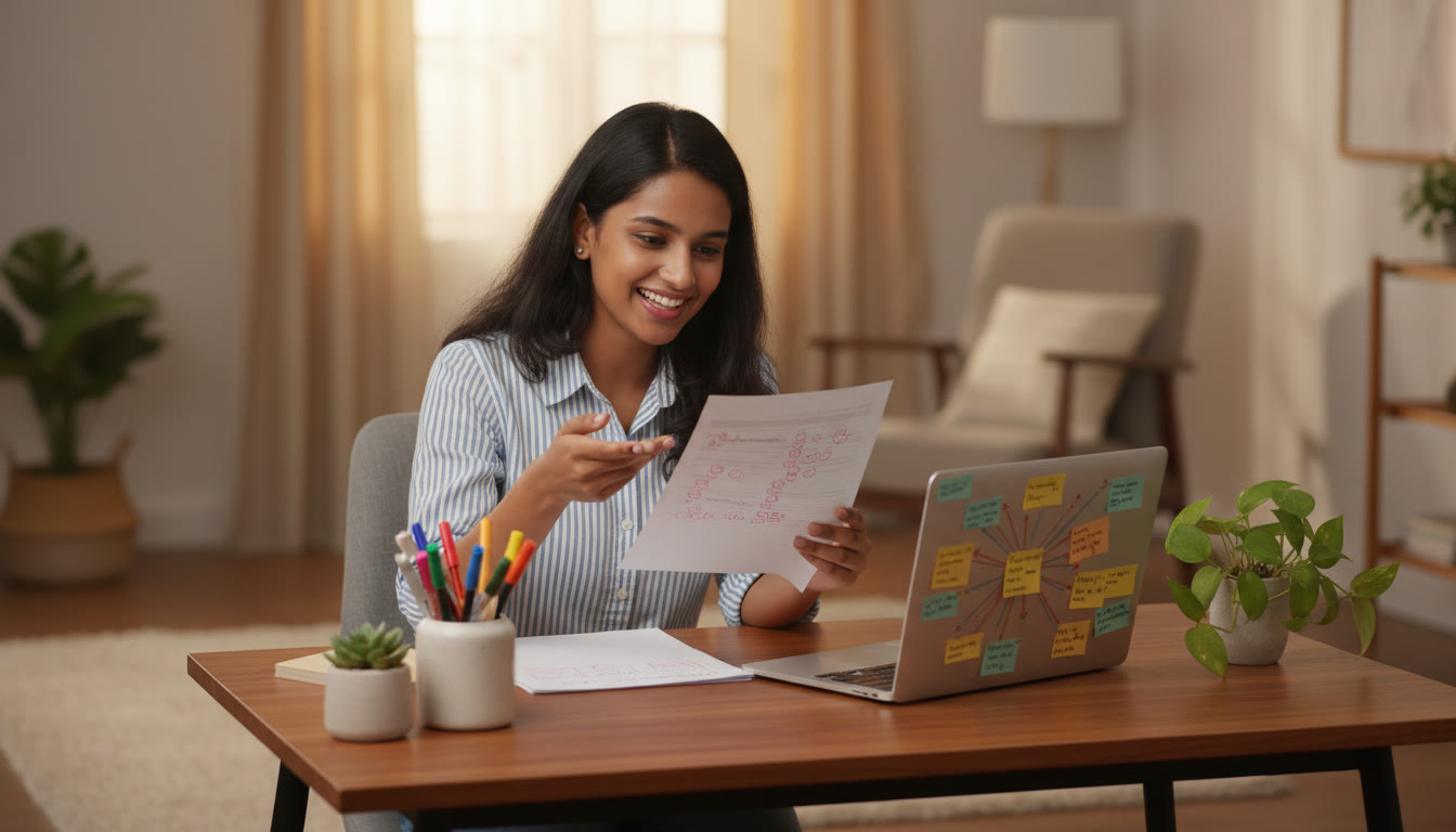 Photo Idea : A student reviewing a marked NEET mock test paper at a desk with colored pens and a laptop open to notes