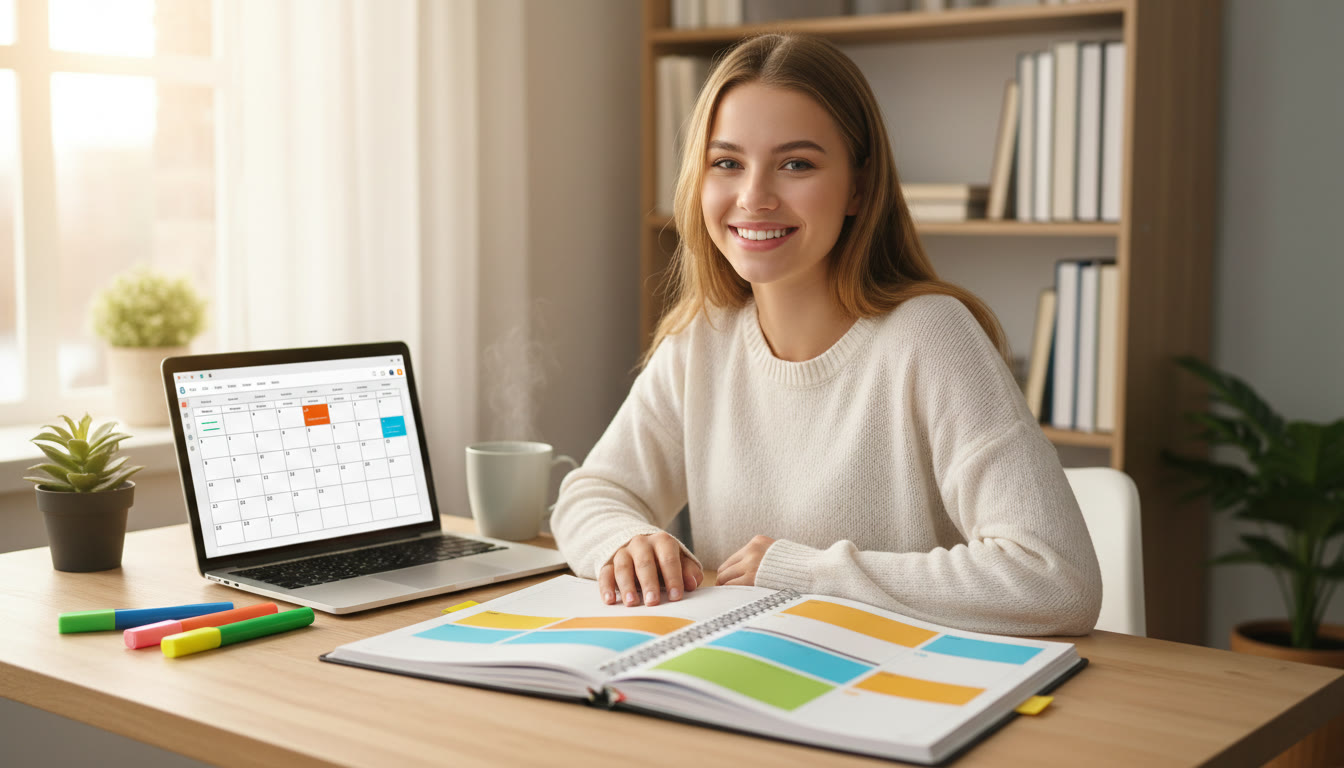 Photo Idea : Student at a tidy desk with a color-coded planner, highlighters, and a laptop showing a study calendar