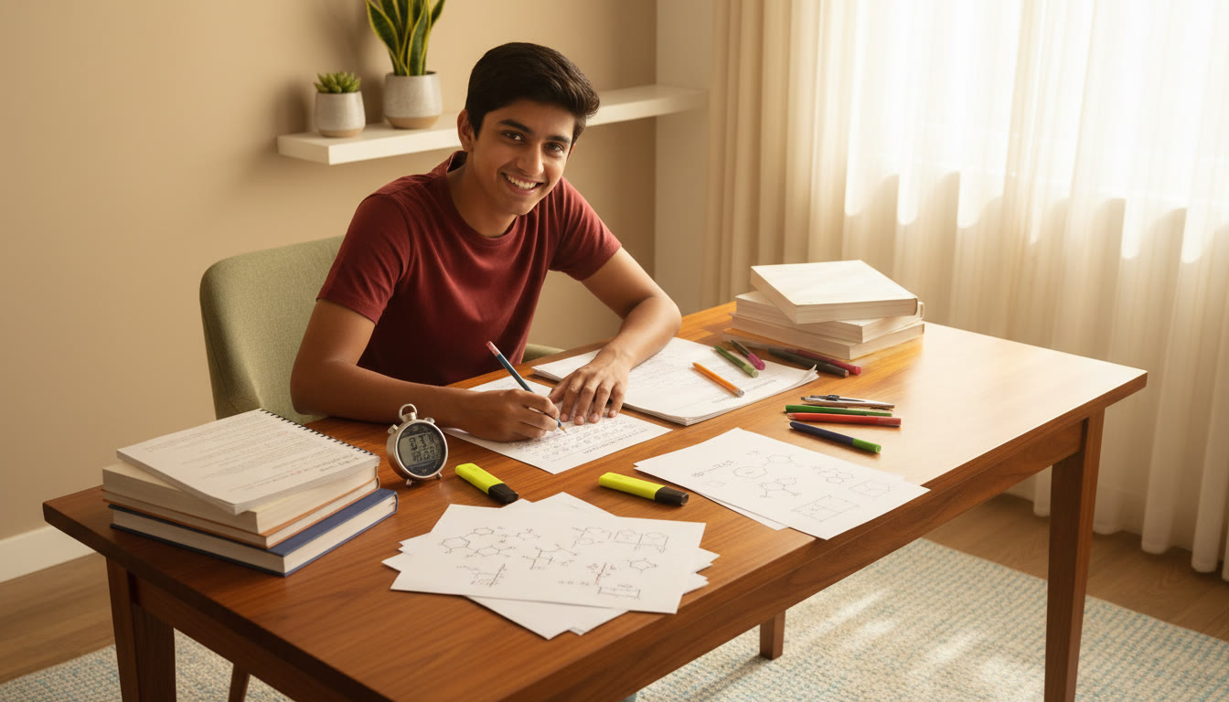 Photo Idea : A student at a desk marking answers on an OMR sheet with a stopwatch and scattered physics, chemistry, and mathematics notes