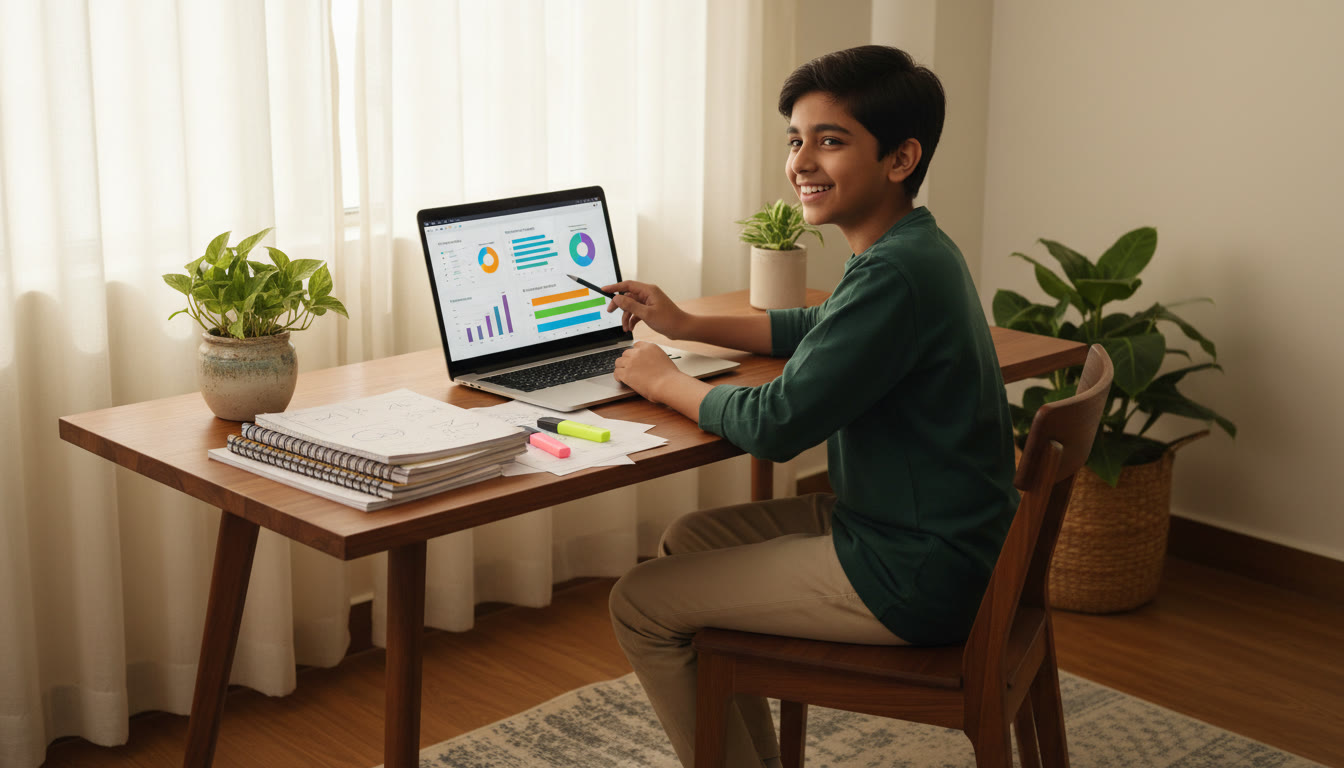 Photo Idea : student reviewing a colorful mock-test report on a laptop, pen in hand, notes nearby